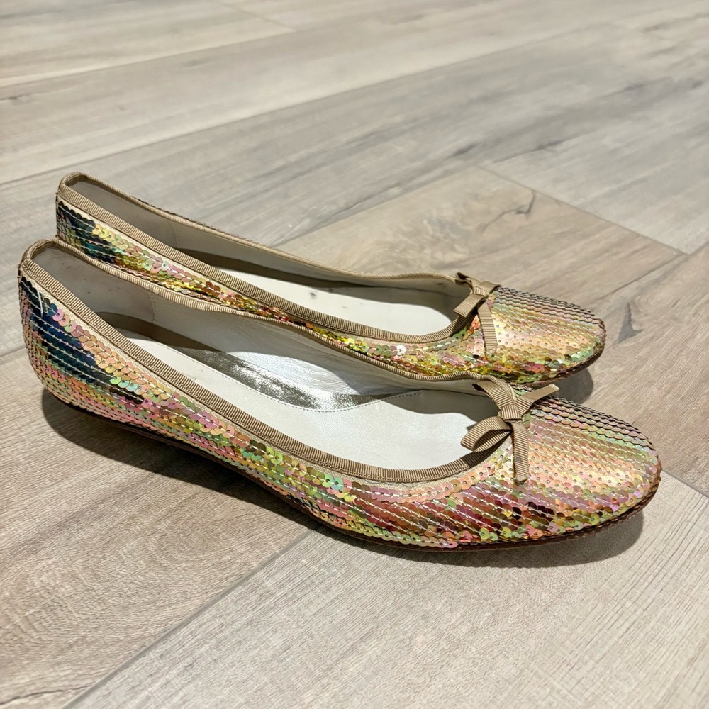 Gianna Meliani Italian Sequin Bow Kitten Heels‎ Gold Iridescent Size 37.5